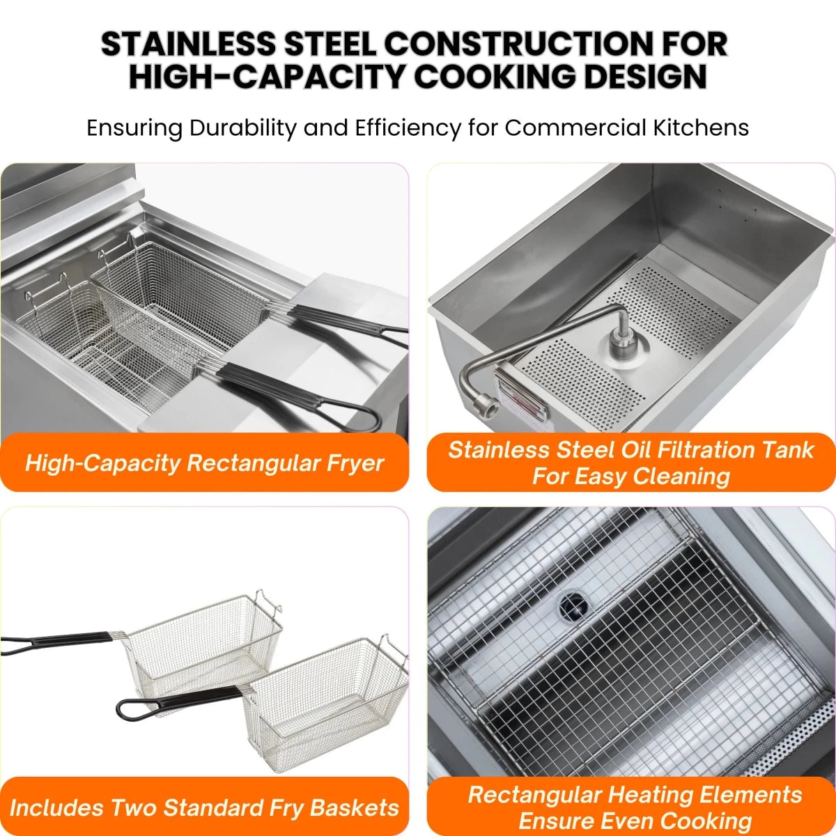 304 stainless steel vat material design of our reliable commercial deep fryers.