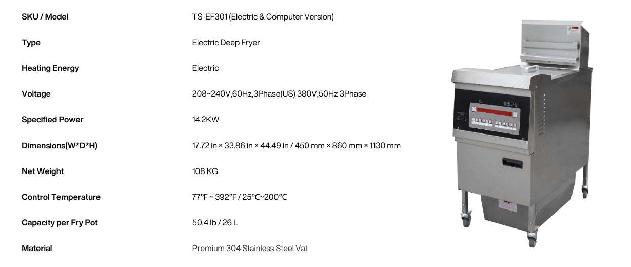 Technical specifications and customized US voltage requirements of our commercial deep fryers collection.