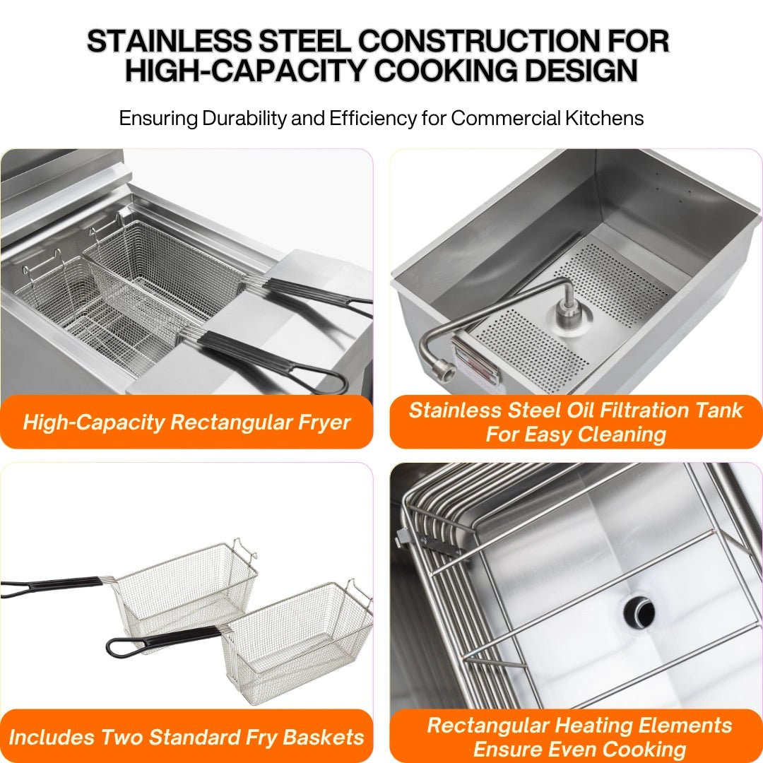 Premium 304 stainless steel construction and fry baskets of our reliable commercial deep fryers.