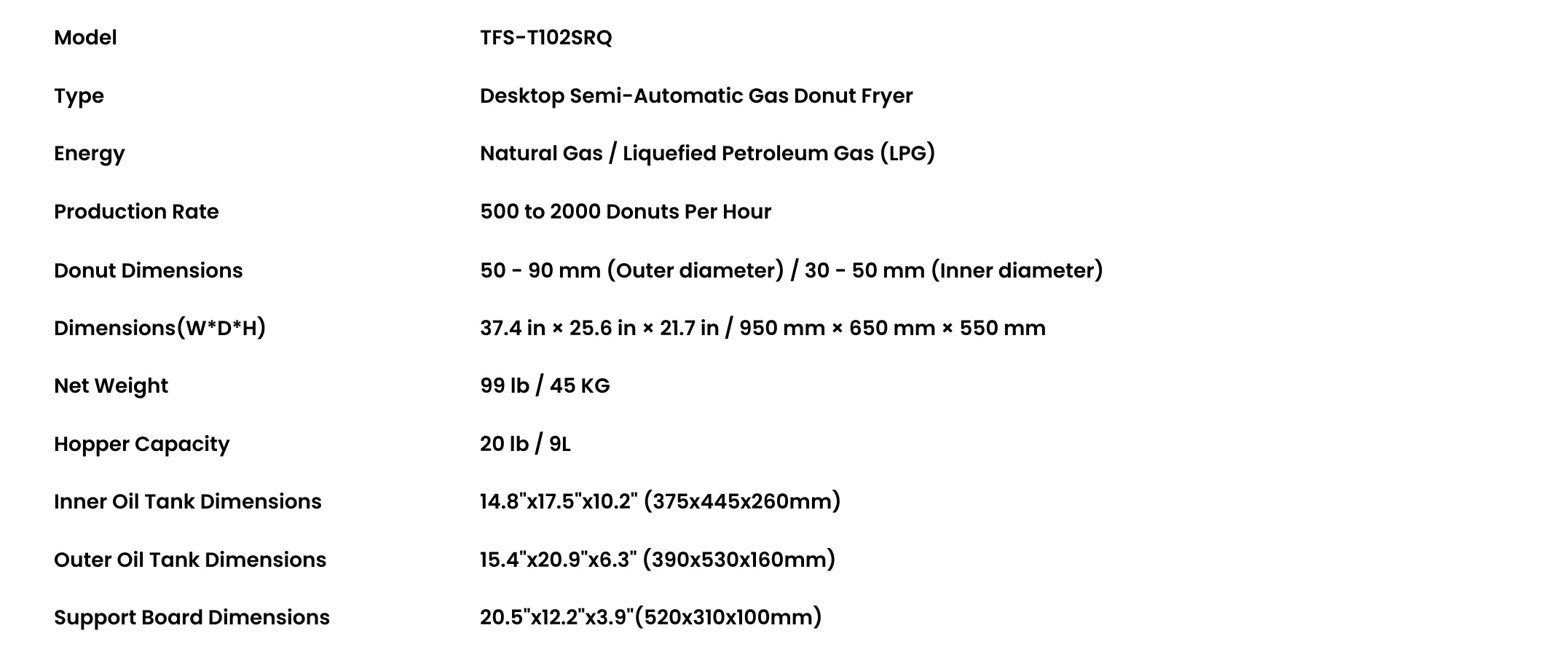 Comprehensive technical specifications table for the commercial gas donut maker, detailing its 15-piece batch capacity and 12kW thermal power.