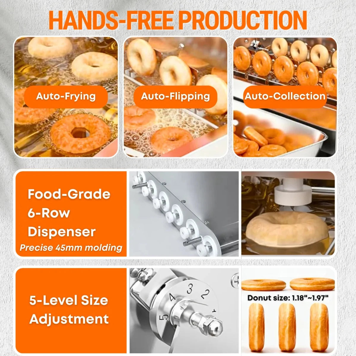Hands-free production and 5-level size adjustment on the fully automatic commercial donut maker machine