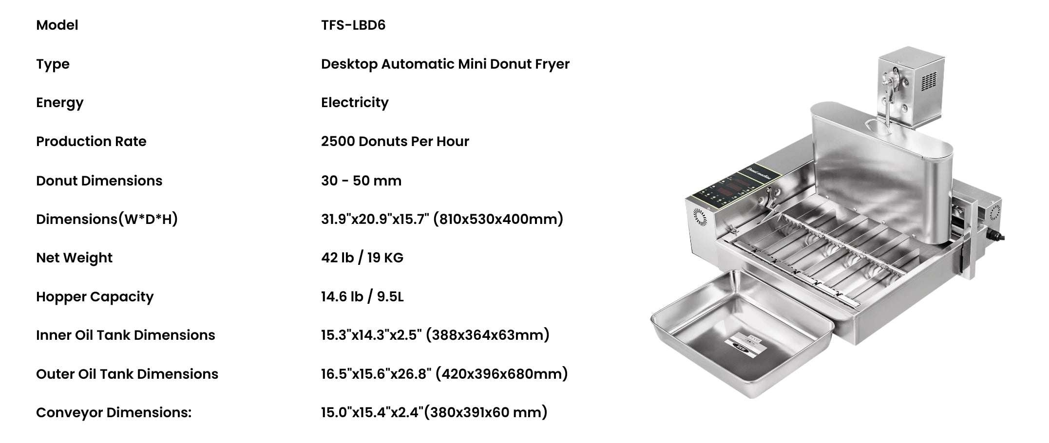 Technical specifications of the LBD-6 6-row commercial donut maker machine showing a production rate of 2500 donuts per hour