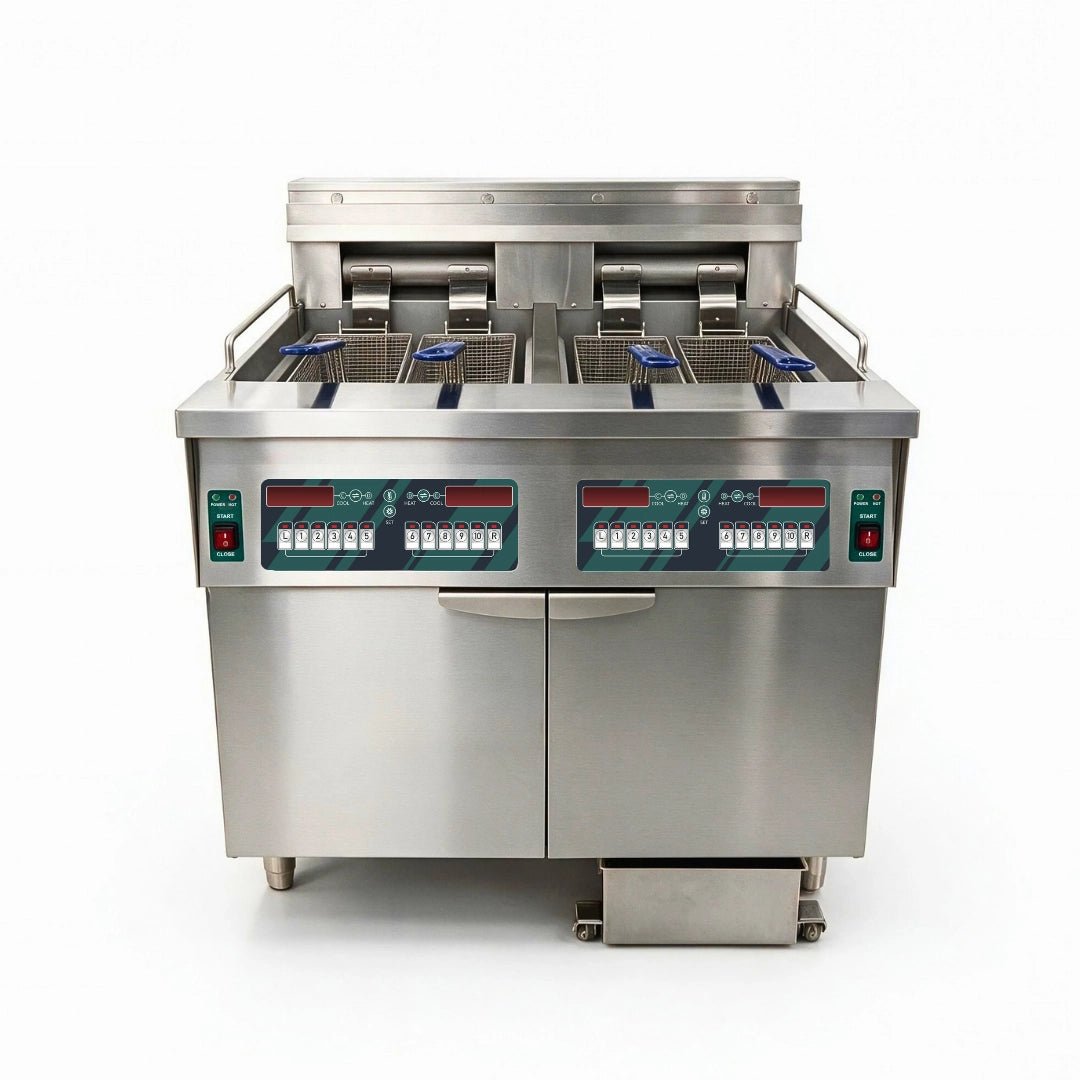 Heavy-duty commercial double electric deep fryer with 13.2 gallon capacity.