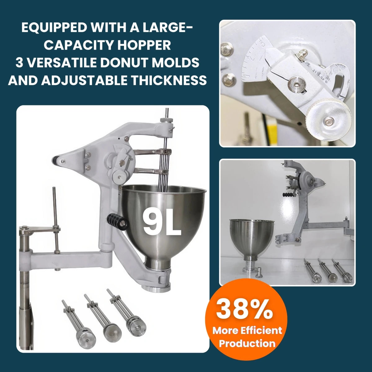 Three-panel detail view of the commercial doughnuts maker machine, focusing on the heavy-duty stainless steel build and precision gas control valves.