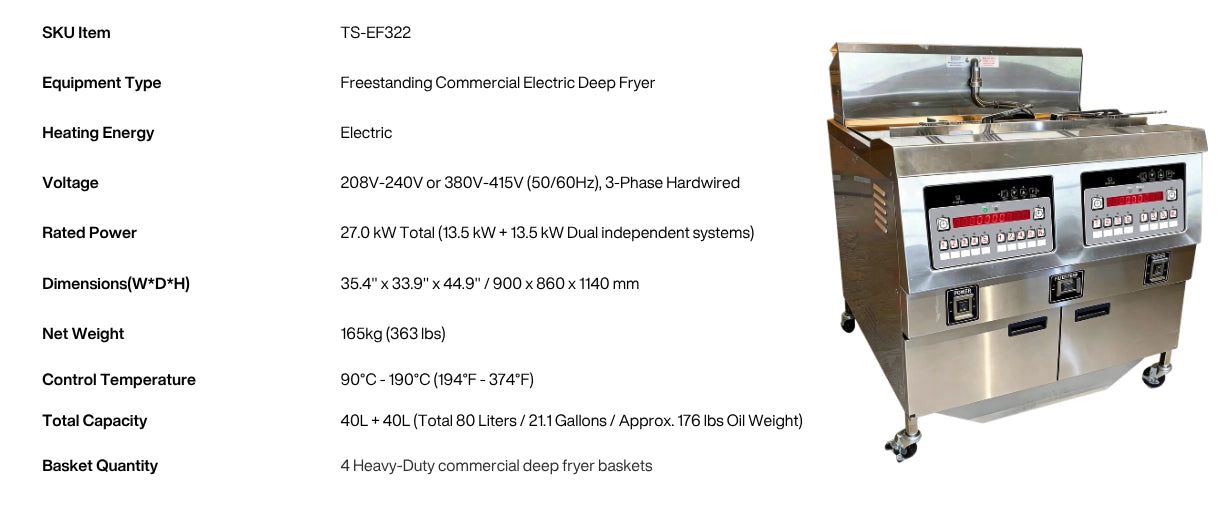 Technical specifications of the Tenshine TS-EF322 commercial electric deep fryer, highlighting 27kW power, 80L dual vat capacity, and dual-unit dimensions.