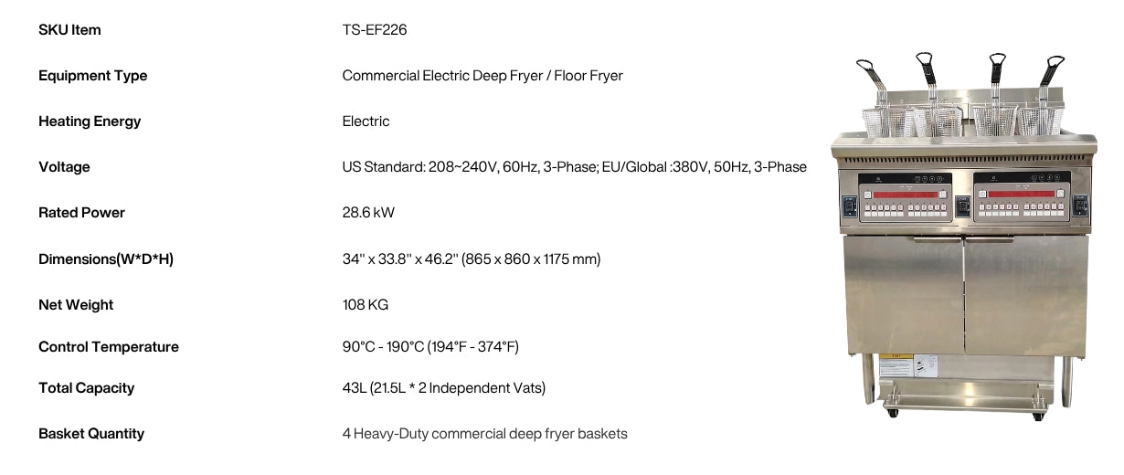 Overview of the Tenshine TS-EF226 commercial electric deep fryer, highlighting its heavy-duty dual vat design for restaurant use.