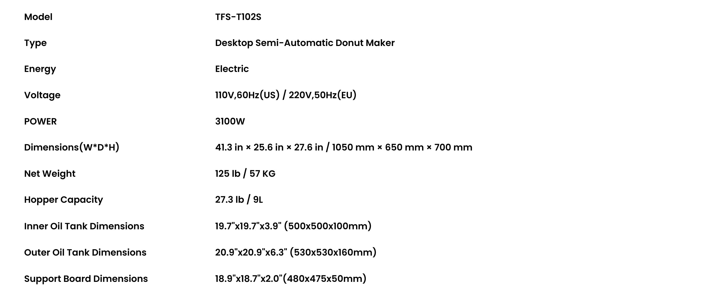 Detailed dimensions and blueprint of the commercial electric donut maker, illustrating its space-saving 41.3 by 27.6-inch footprint for professional prep tables.