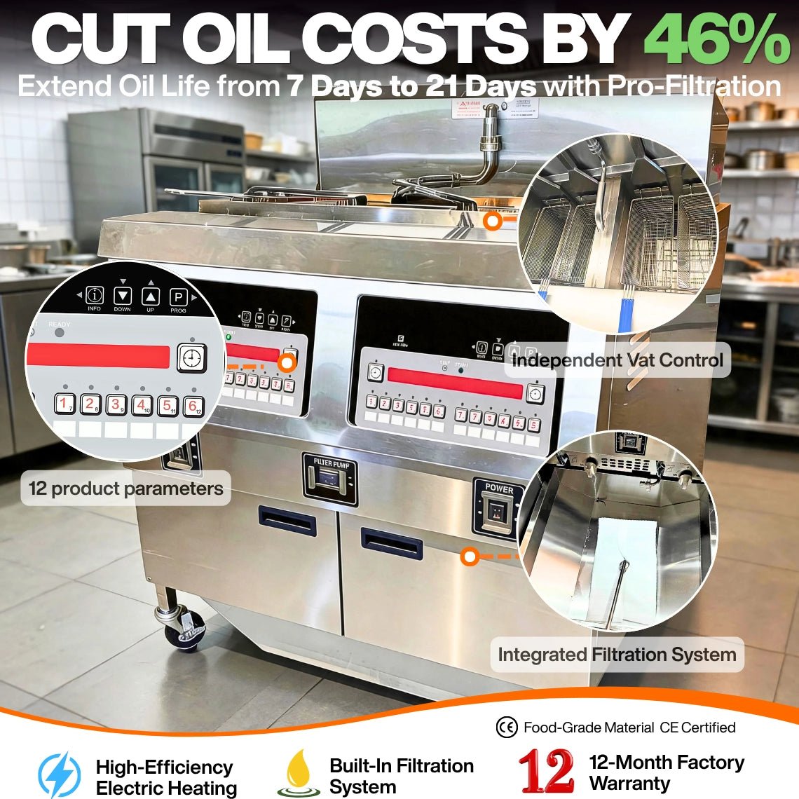 The Tenshine TS-EF322 commercial electric fryer with built-in filtration system, featuring independent vat control to extend oil life and cut costs by 46%.