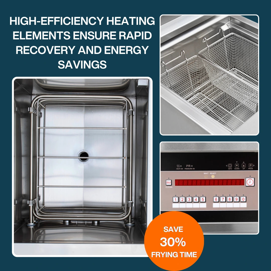 High-efficiency 14.2kW electric heating elements and control panel of the commercial electric fryer.