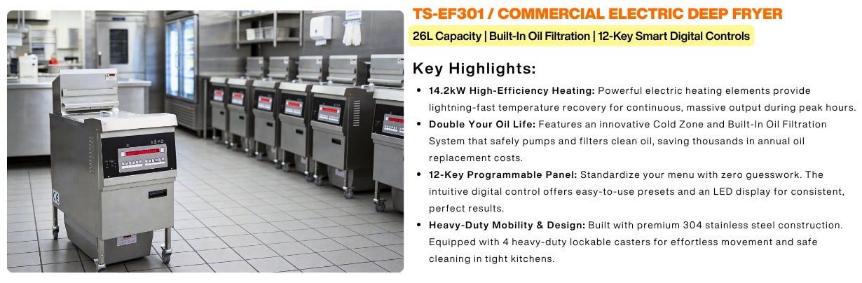 Key equipment highlights and 14.2kW heating details of the TS-EF301 commercial electric fryer.