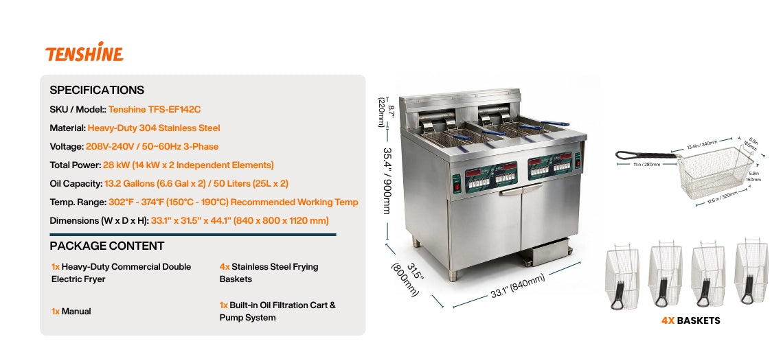 Specifications and dimensions for TFS-EF142C commercial electric fryer, including 33.1 inch width and 28kW 3-phase power.
