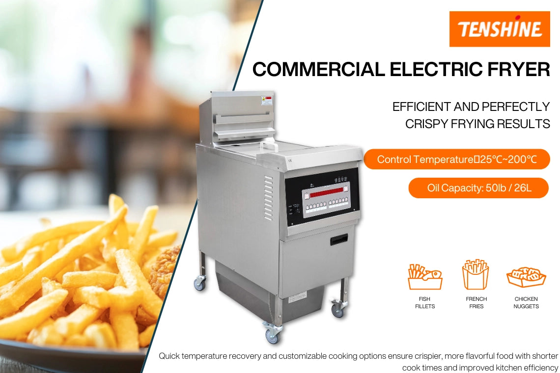 Front view of the high-efficiency TS-EF301 commercial electric fryer with 26L oil capacity.