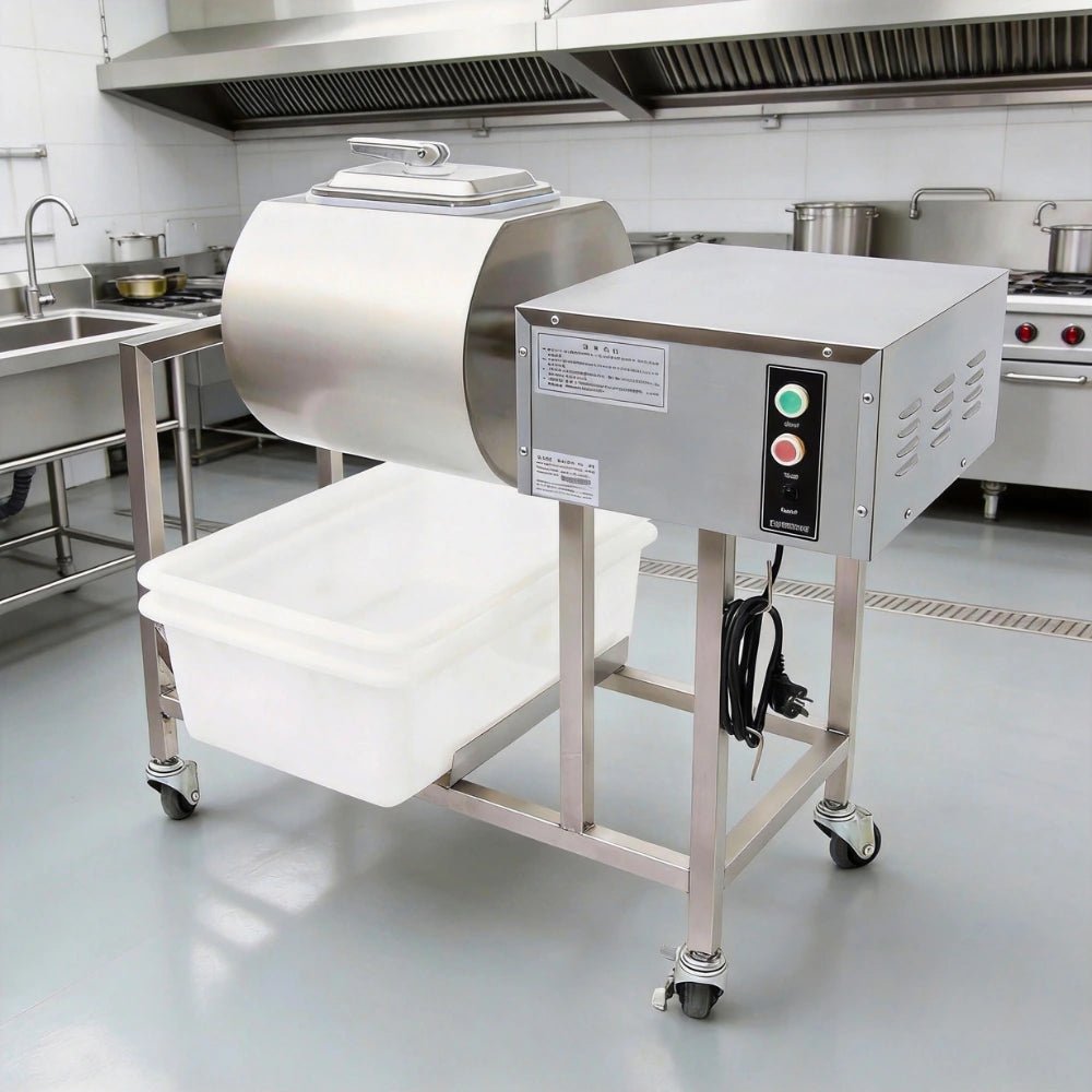 Commercial electric meat marinator placed in a professional stainless steel kitchen setting. Automatic food tumbling machine ready for restaurant food processing.