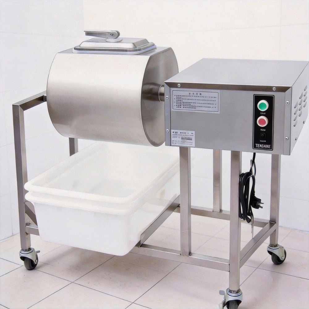 Commercial electric meat marinator and tumbler with stainless steel drum and collection bin. Automatic marinating machine for fried chicken and meat processing