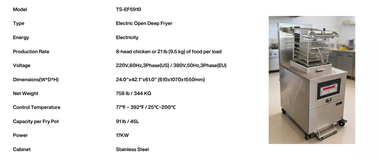 Tenshine TS-EF5910 commercial electric open deep fryer designed for fast heat recovery and crispy, consistent results.