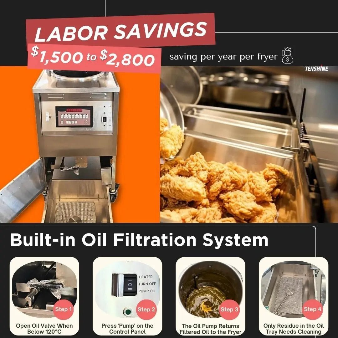 Built-in oil filtration system on the Tenshine commercial electric pressure fryer