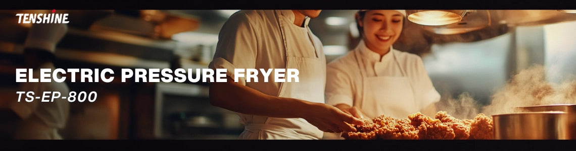 Chefs working in a busy commercial kitchen using the Tenshine TS-EP800 electric pressure fryer to cook high-volume crispy fried chicken.