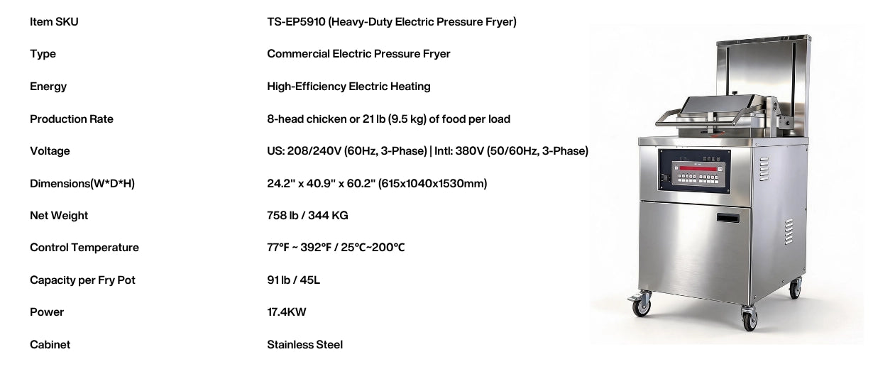Technical specifications and voltage details for the Tenshine TS-EP-5910 commercial electric pressure fryer