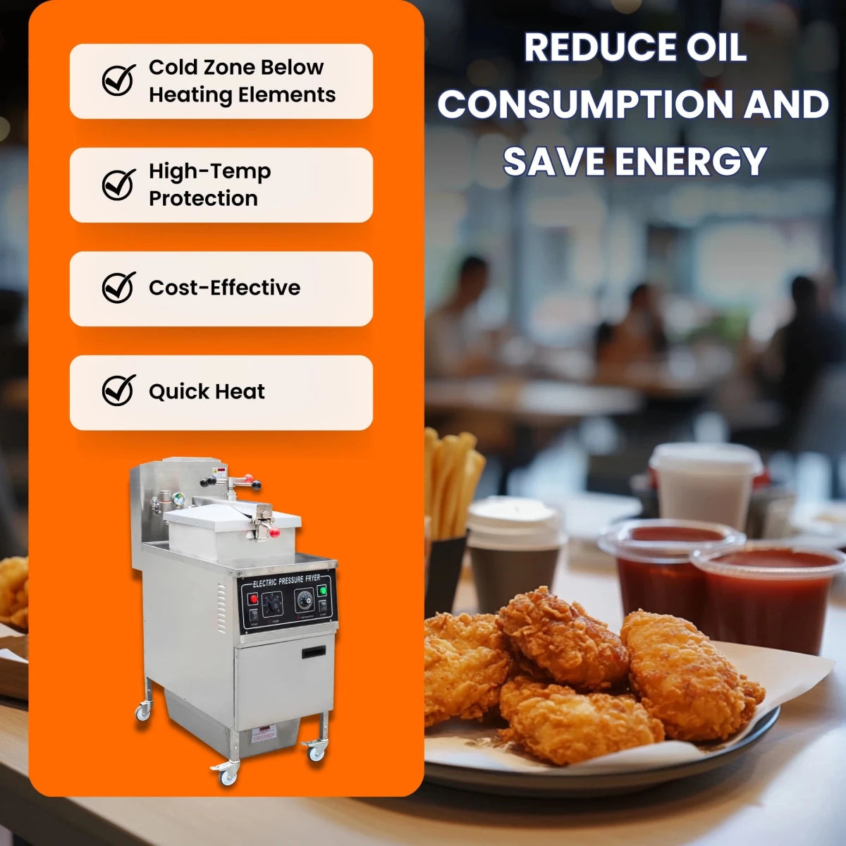 Key value propositions of the TS-EP24 commercial electric pressure fryer, emphasizing low maintenance and high ROI.