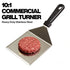 Heavy-duty 10:1 commercial grill turner, an essential flat top grill accessory for fast burger flipping.