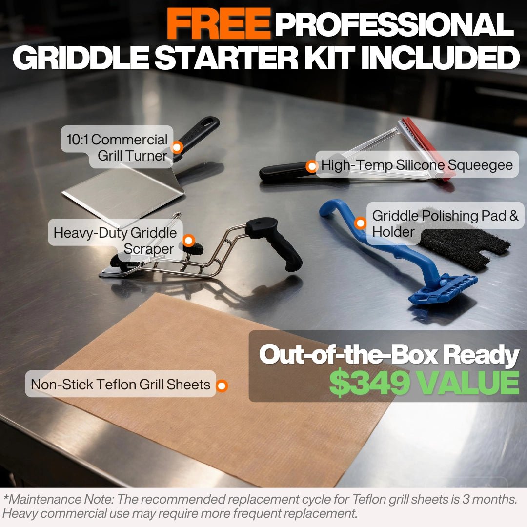 Premium commercial flat top grill accessories and cleaning tools, including heavy-duty scraper and high-temp silicone squeegee.