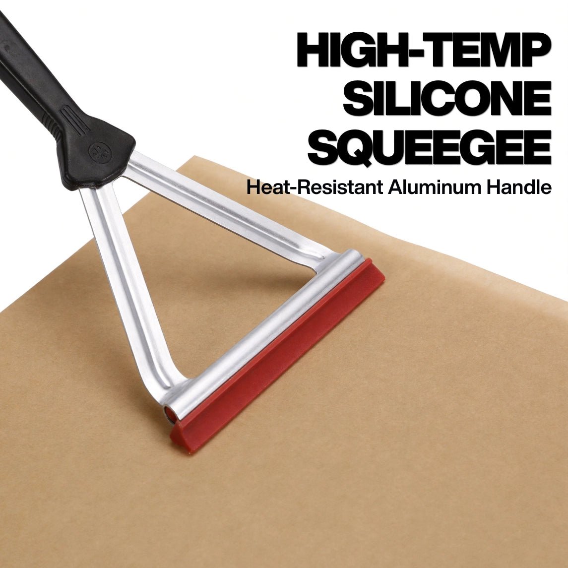 High-temp silicone squeegee with heat-resistant aluminum handle for cleaning commercial flat top grills without scratching.