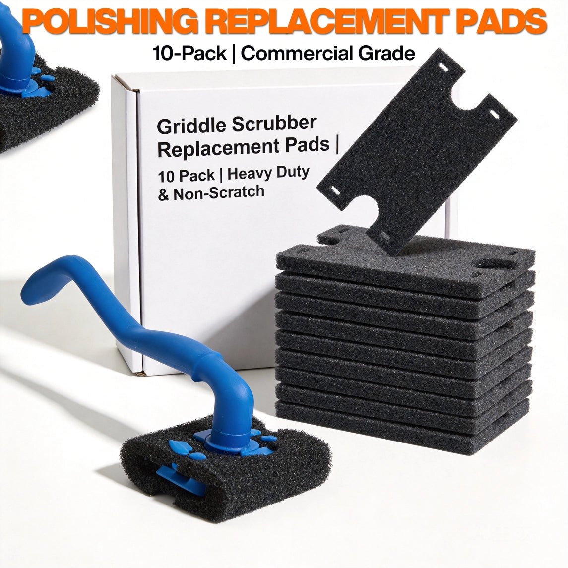 10-pack of heavy-duty, non-scratch polishing replacement pads for commercial contact grills.