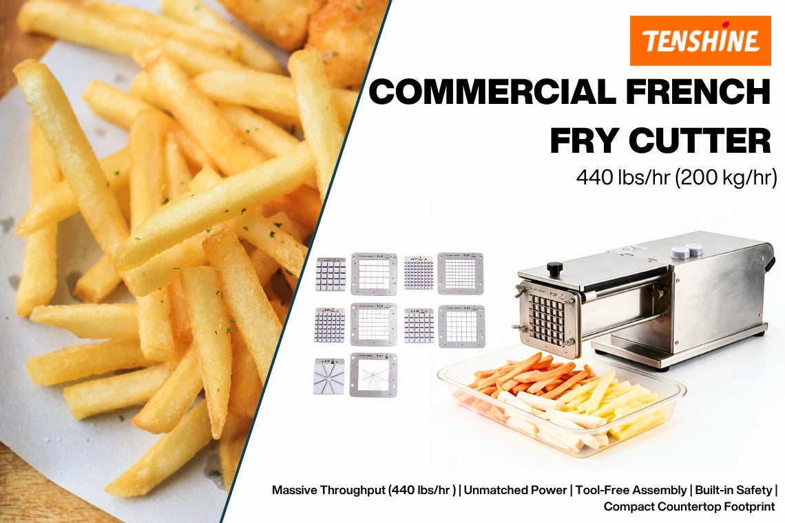 Commercial food chopper electric machine featuring 5 interchangeable stainless steel blade sets for massive throughput and menu versatility.