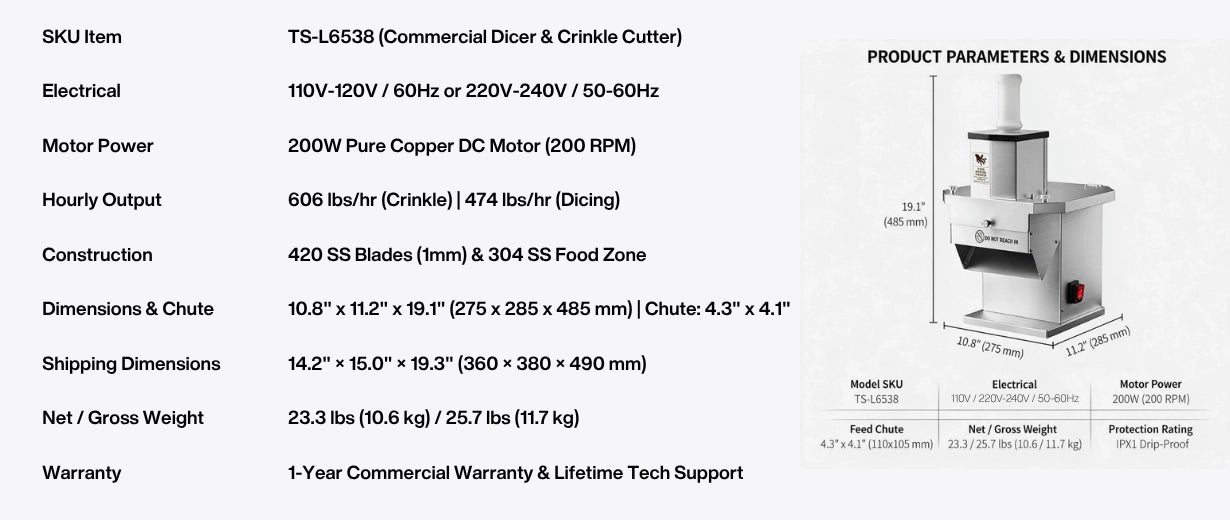Tenshine TS-L6538 commercial food cutter and dicing machine 110V 220V dimensions and warranty specs