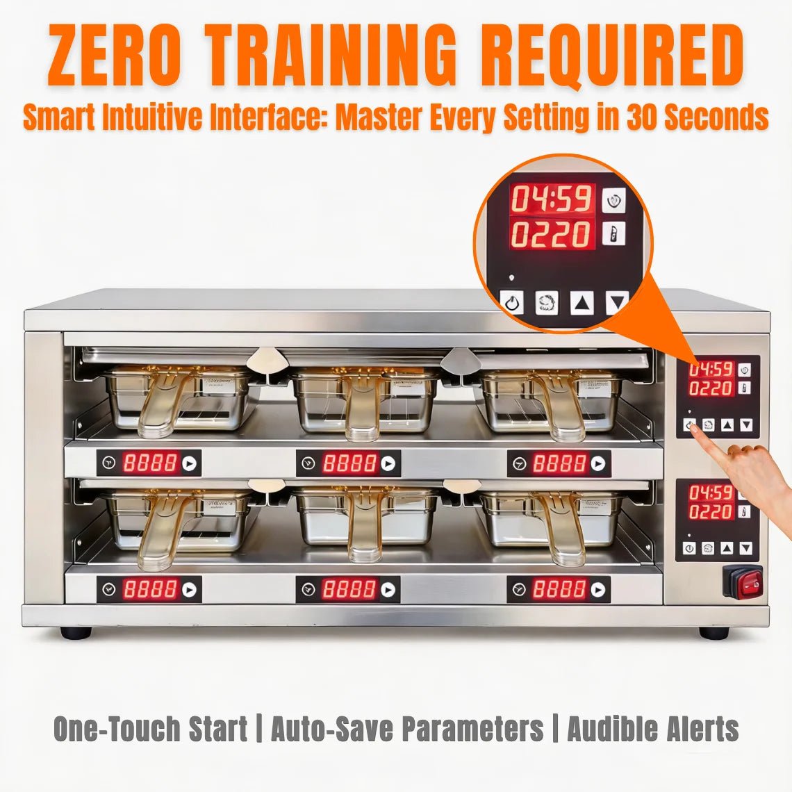 Easy-to-use digital control panel on a commercial food holding cabinet requiring zero staff training with one-touch start.