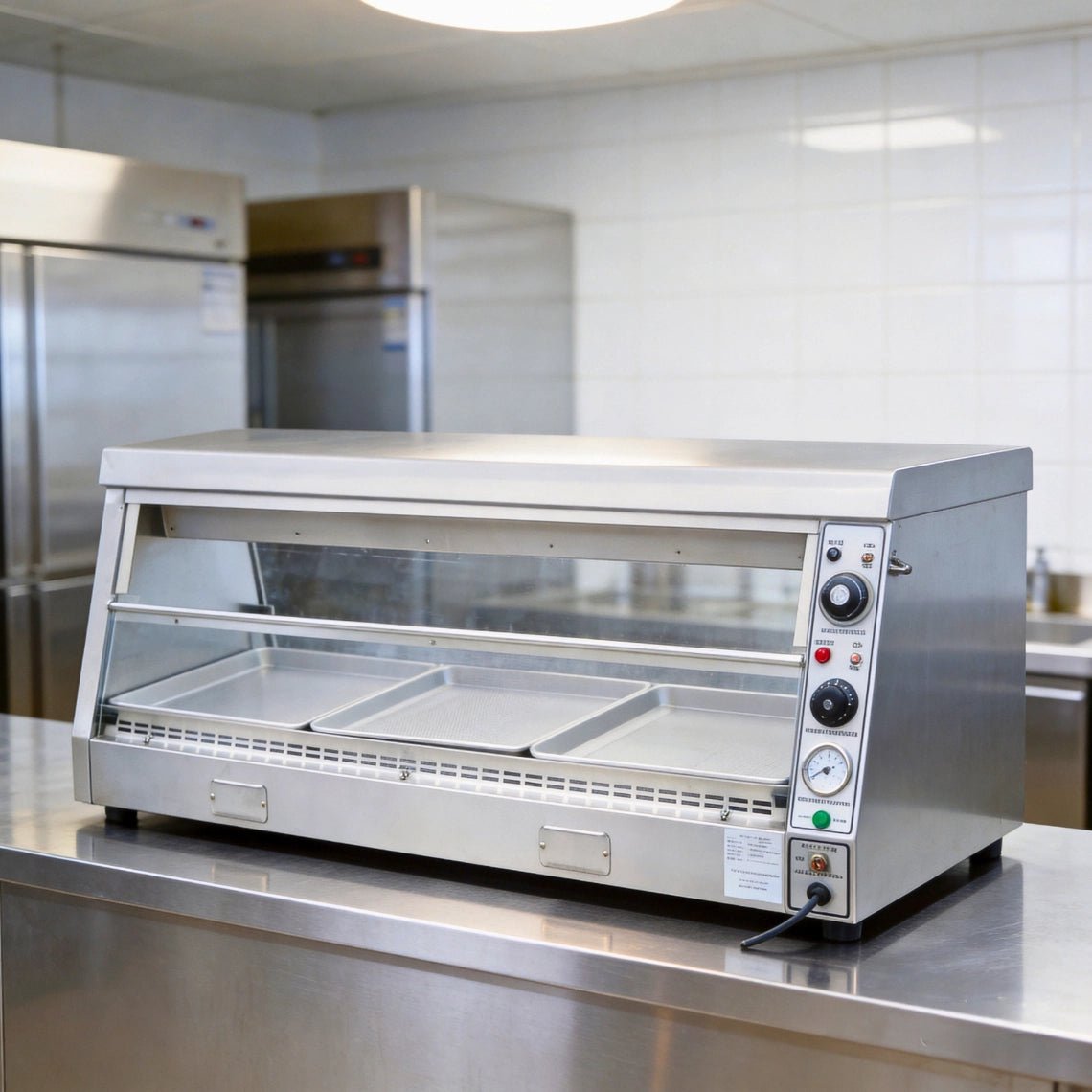 Rear access doors of the commercial food warmer display, allowing kitchen staff to load fresh food easily in a pass-through setup.