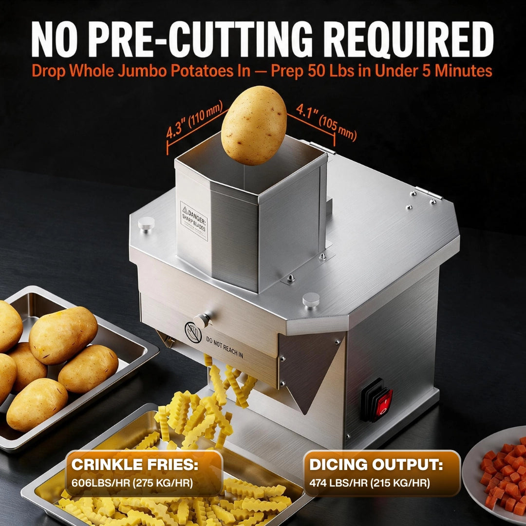 Commercial french fry cutter with 4.3 x 4.1 inch oversized feed chute for whole potatoes at 606 lbs/hr