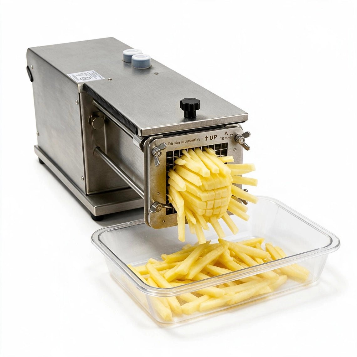 Tenshine TFS-T3000 electric commercial french fry cutter slicing perfect 1/2 inch potatoes into a prep pan.