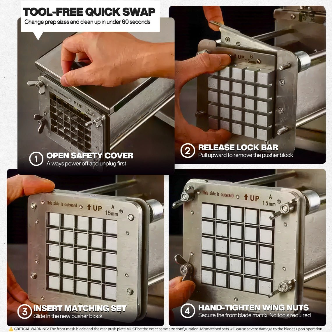 Tool-free blade swap process on the Tenshine commercial french fry slicer for fast menu changes under 60 seconds.