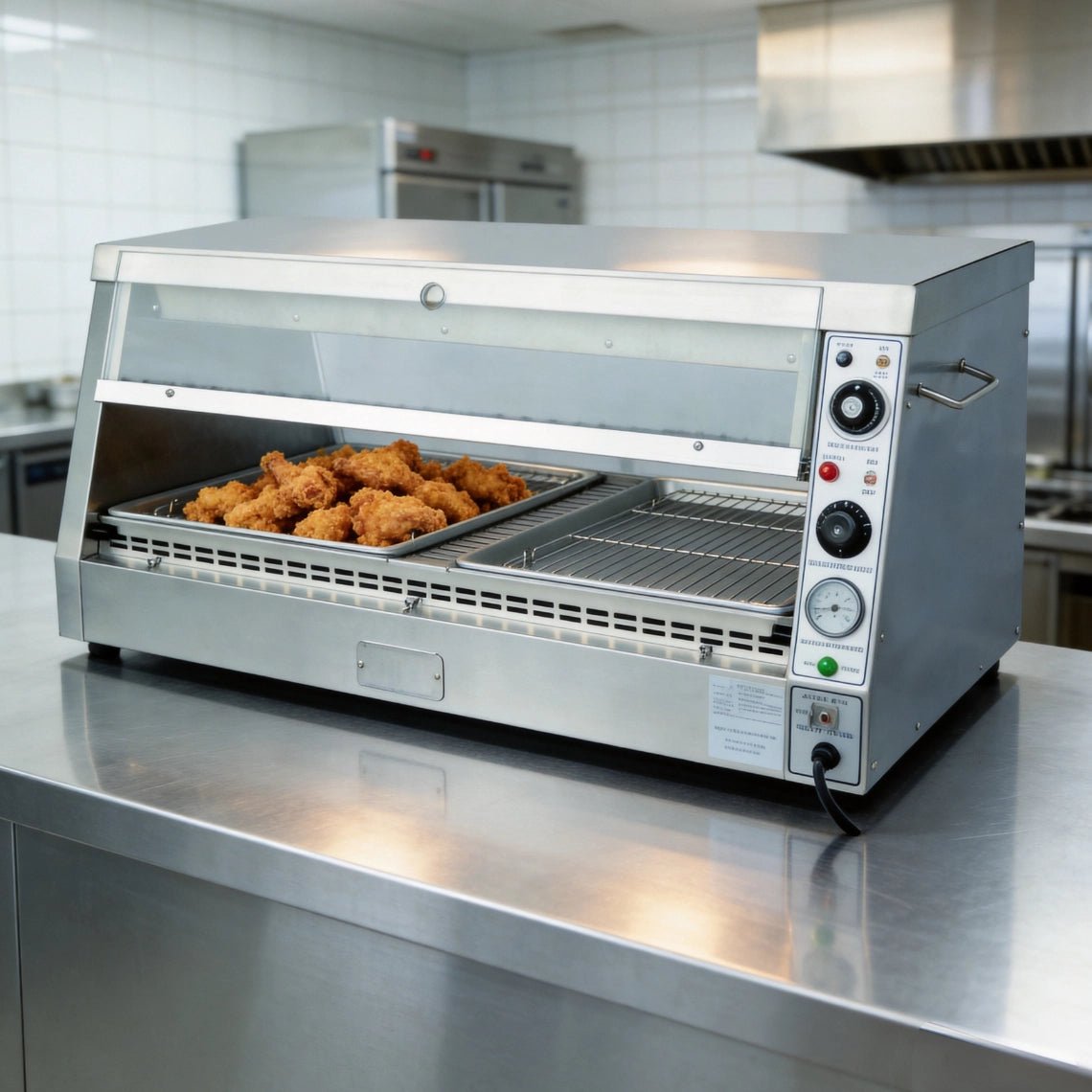Tenshine TS-HCW2 commercial fried chicken holding cabinet keeping freshly fried food hot, crispy, and ready for fast food service.