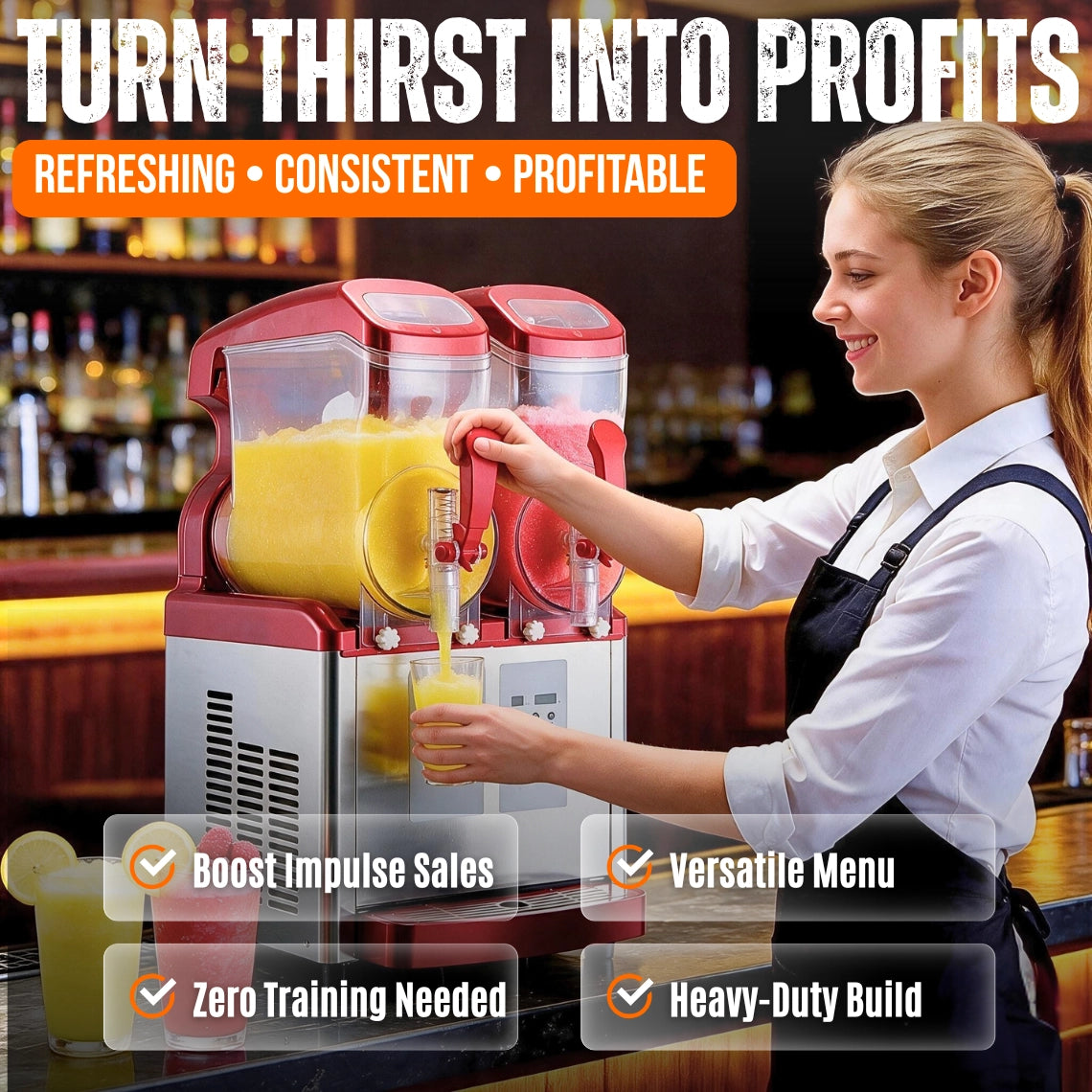 Waitress serving profitable drinks from a red commercial frozen cocktail maker and twin bowl slushie machine.