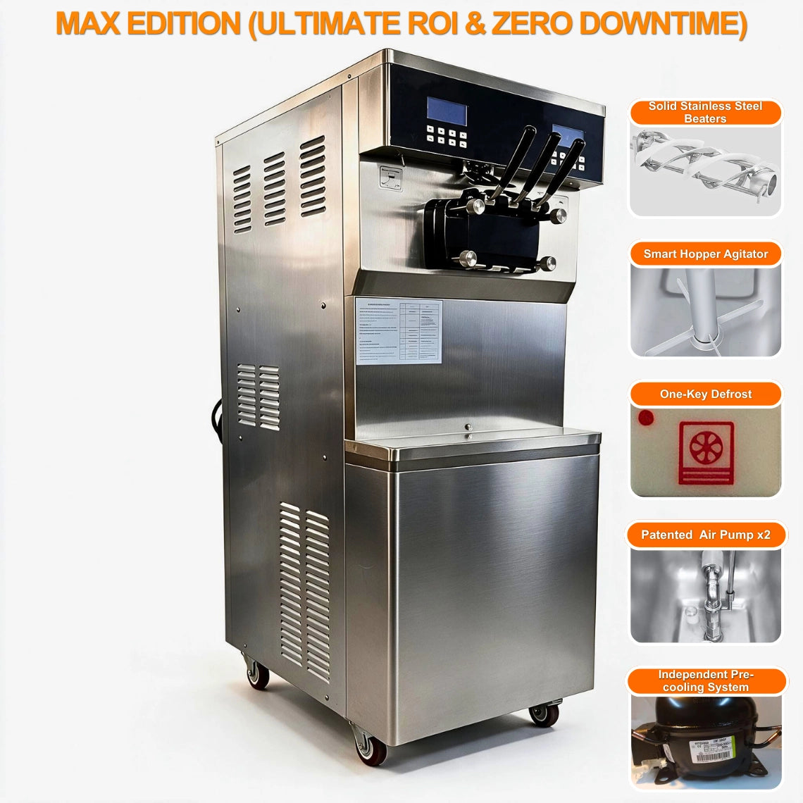 Max Edition commercial frozen yogurt machine equipped with independent pre-cooling system and dual patented air pumps for ultimate ROI and overrun.