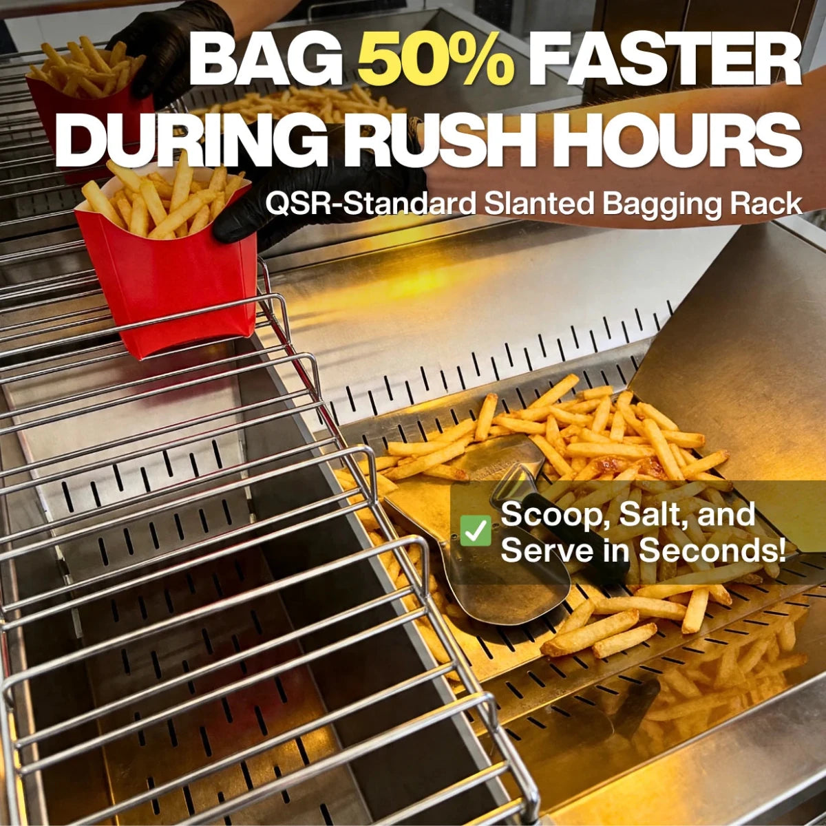Fast bagging workflow using the QSR-standard slanted bagging rack on the Tenshine commercial fry dump station, increasing speed by 50%.