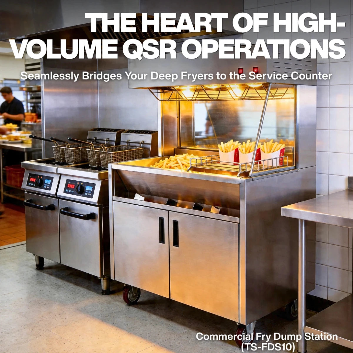 The Tenshine TS-FDS10 commercial fry dump station perfectly integrated into a high-volume QSR kitchen workflow next to deep fryers.