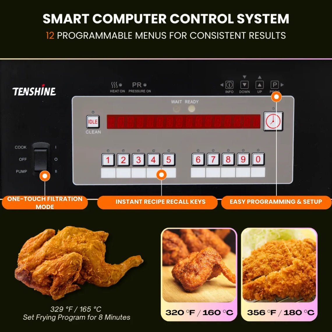 Smart digital computer control panel for the commercial gas fryer featuring 12 programmable menus, instant recipe recall, and filtration mode.