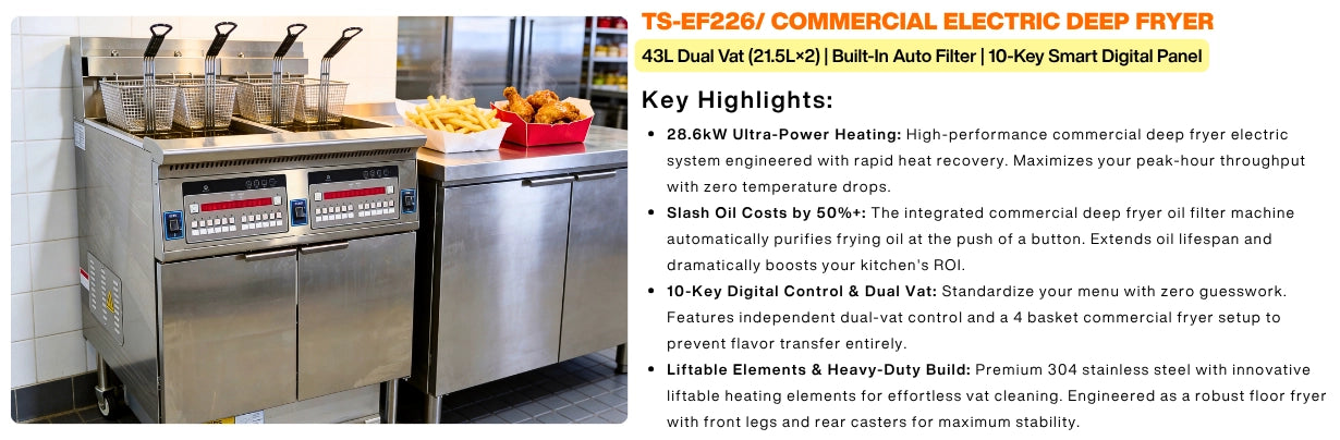 Infographic detailing the key features of the TS-EF226, including the built-in commercial fryer filter and smart digital control panel.