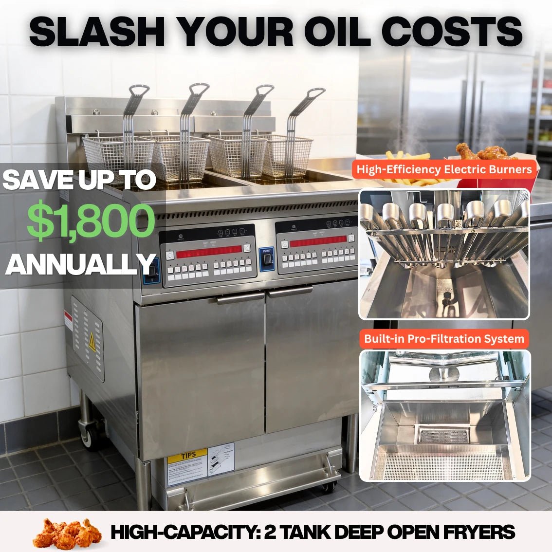 Infographic showing how the built-in commercial fryer filter of the TS-EF226 saves cooking oil and significantly reduces kitchen running costs.