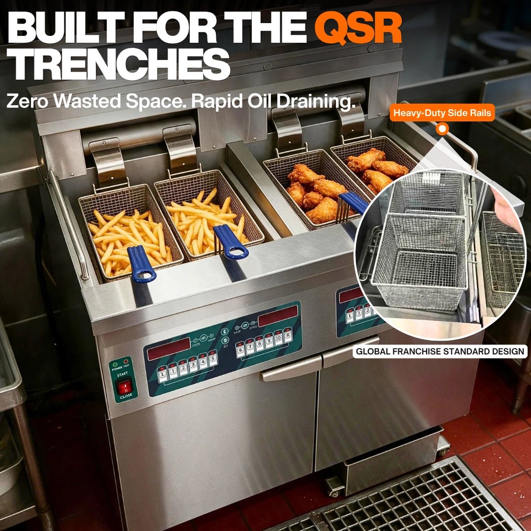 Commercial fryer with heavy-duty side-hanging rails for zero wasted hood space.
