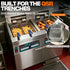 Commercial fryer with heavy-duty side-hanging rails for zero wasted hood space.