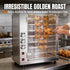 Commercial gas chicken rotisserie oven in a restaurant kitchen. Chef preparing golden roasted chickens using the 360-degree rotary heating system.