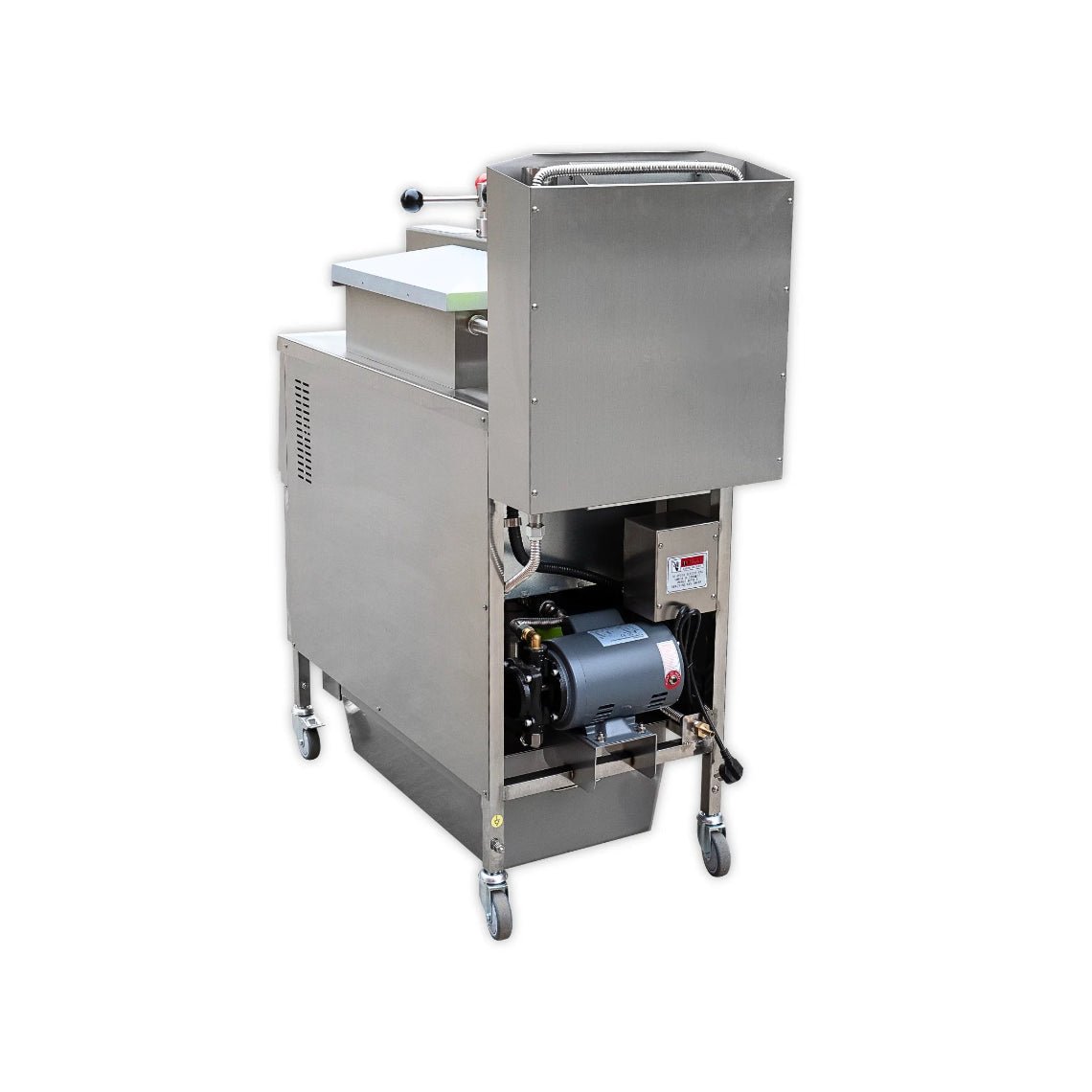 Close-up of the integrated oil filtration pump inside the heavy-duty commercial gas deep fryer, designed to extend oil life and reduce operating costs.