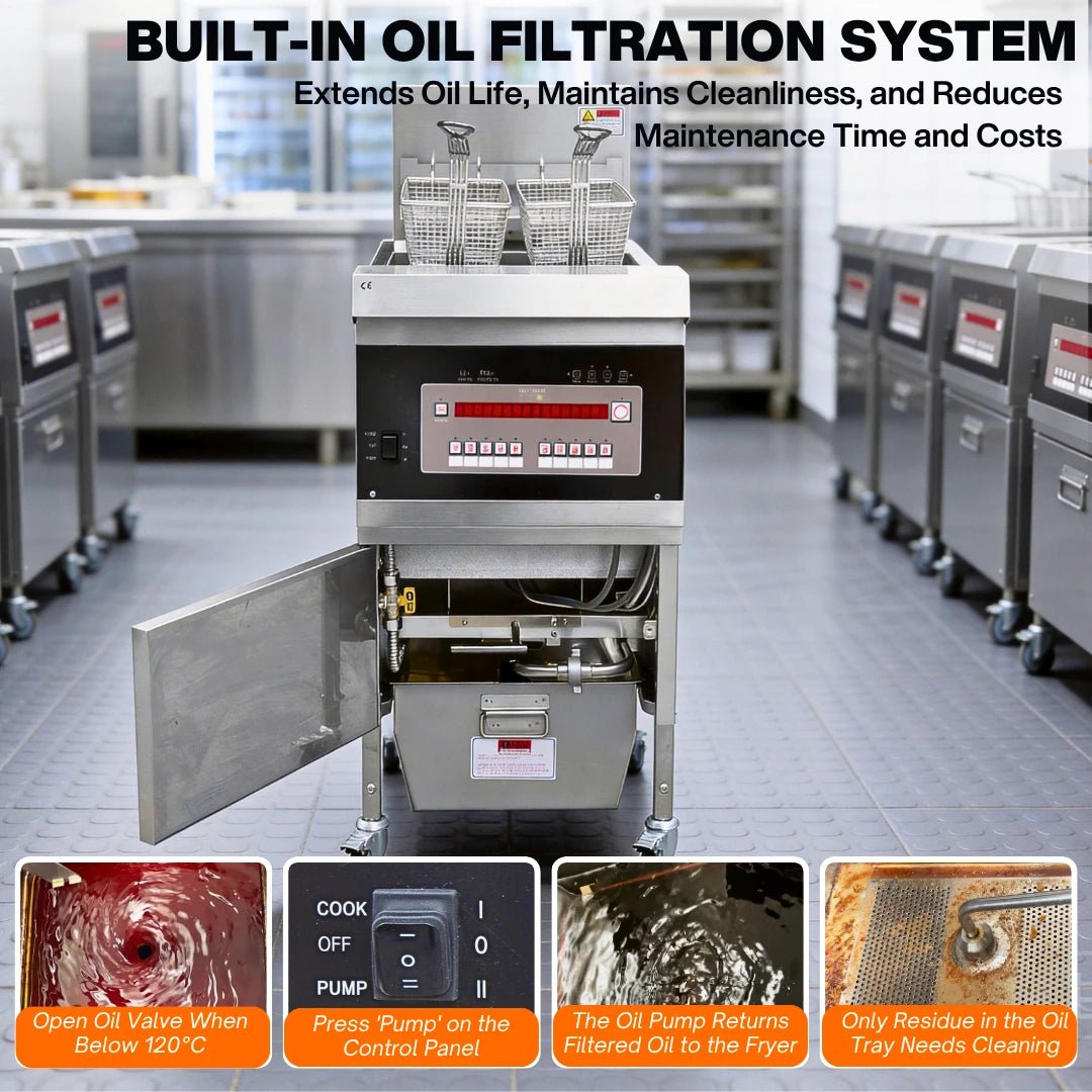 Built-in oil filtration system of the TS-GF301 commercial gas deep fryer.