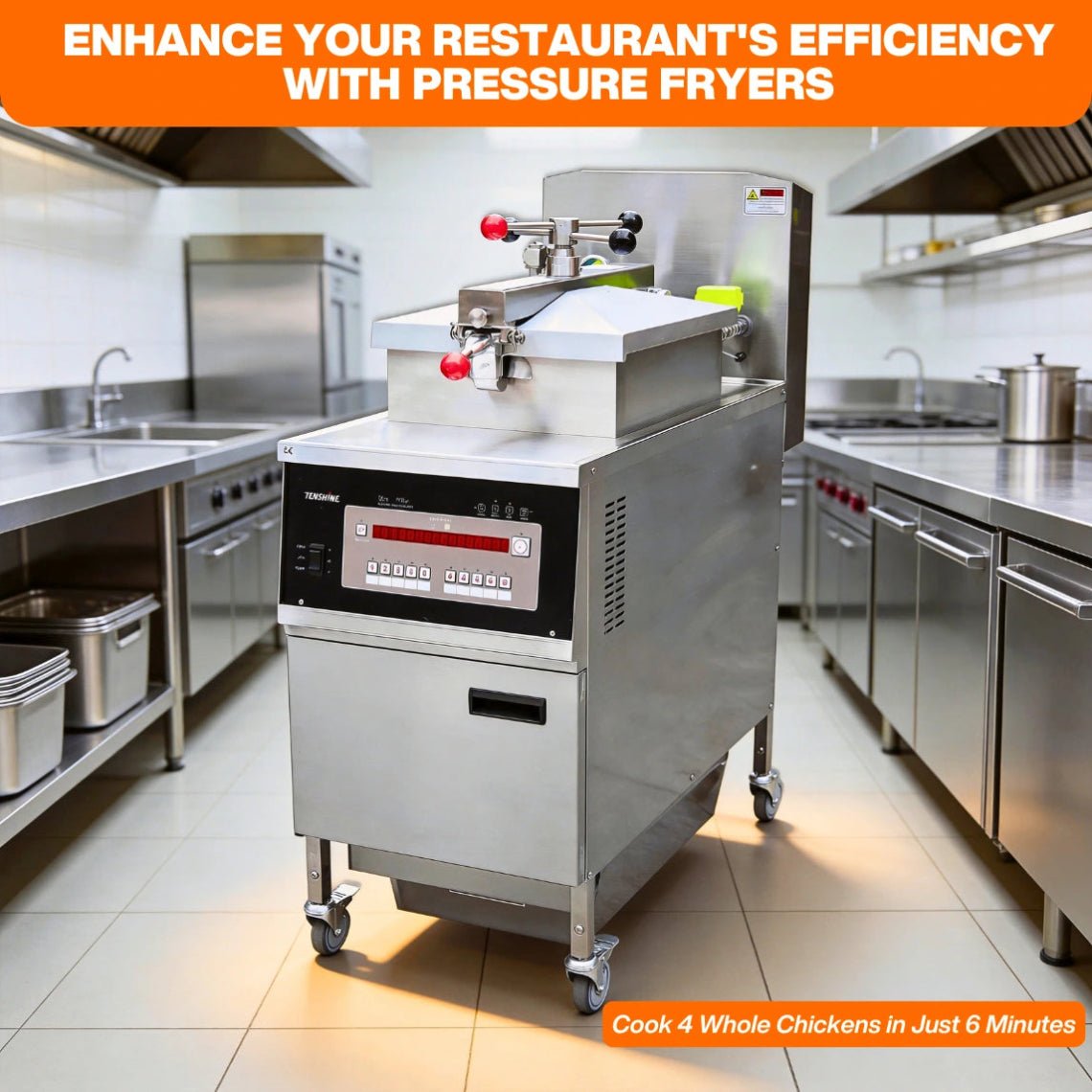 Chefs operating the TS-GP800 heavy-duty commercial gas deep fryer in a busy restaurant kitchen, frying high volumes of crispy chicken.