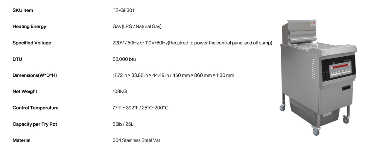 Technical specifications and dimensions of the TS-GF301 commercial gas deep fryer.
