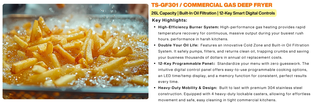 Key equipment highlights and stainless steel construction of the commercial gas fryer.